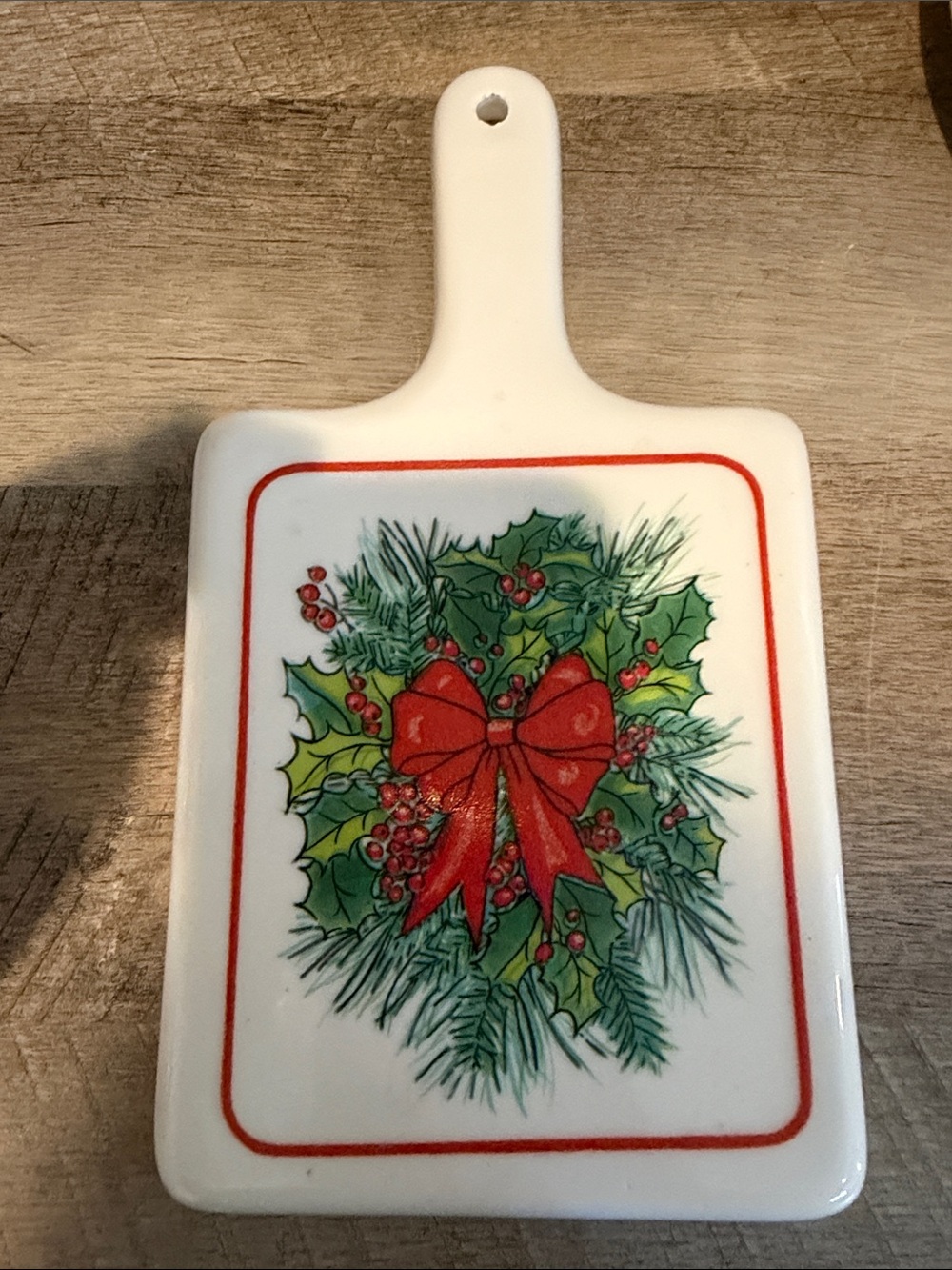 Vintage Ceramic Holiday Trivet with Red Bow Design